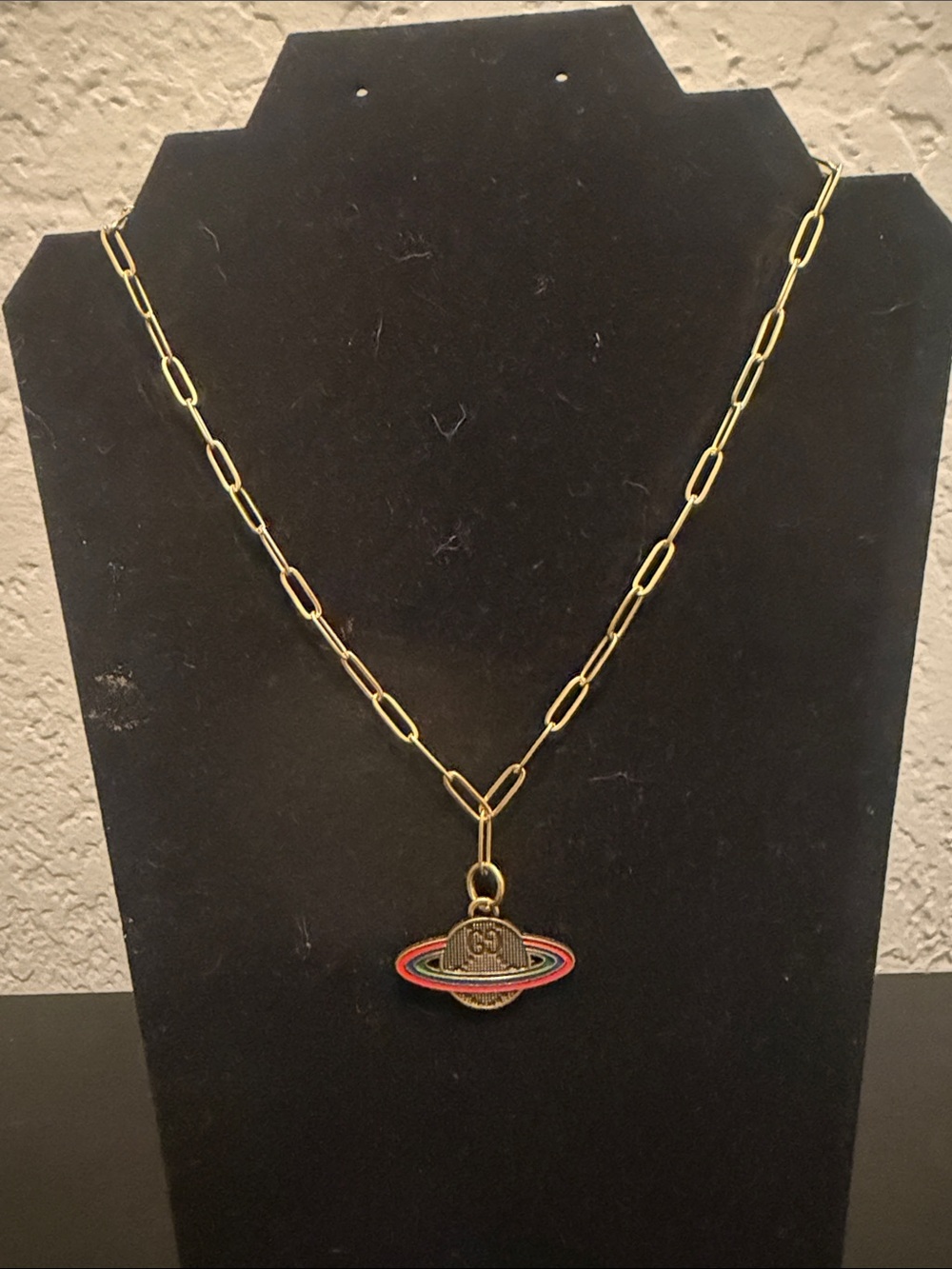 Inspired Gold Paperclip Necklace with Multicolor Planet Pendant